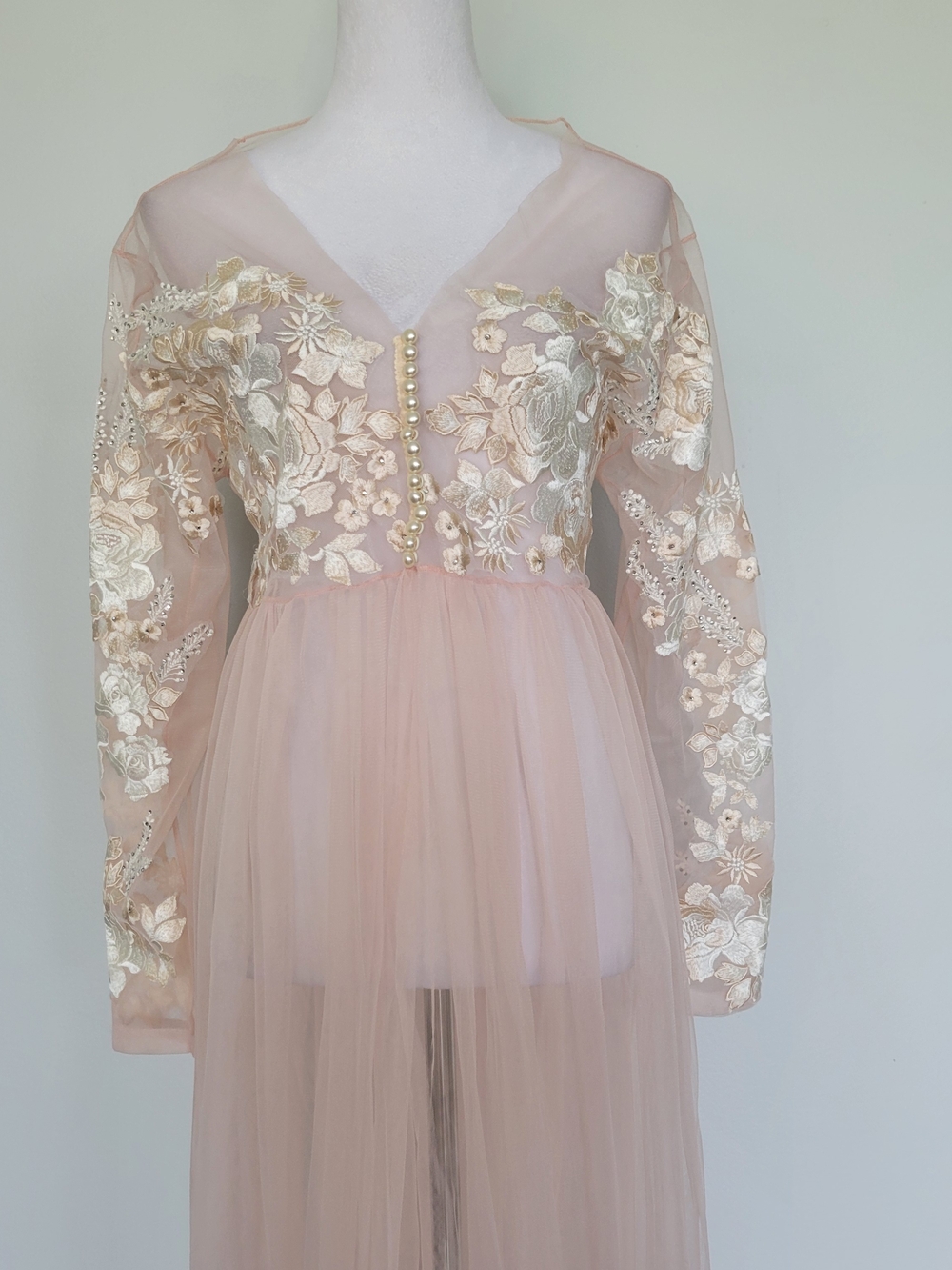 Sheer Pink Floral Appliqué Tulle Robe Nightgown Bridal Wedding Maternity Photos